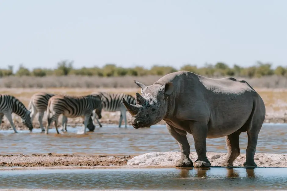 A stunning wildlife scene with rhinoceros and zebras at a waterhole in Okaukuejo, Namibia.
