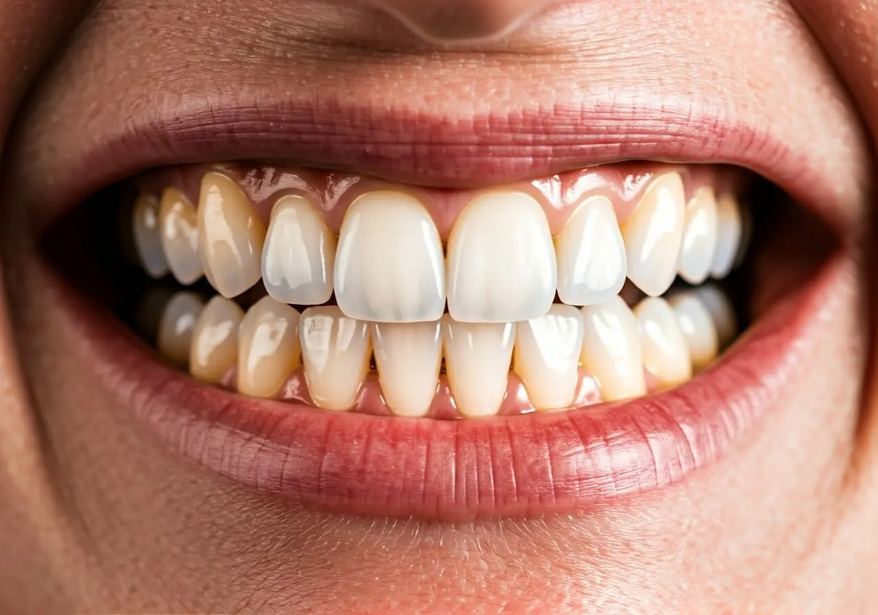 A close-up of bright, sparkling white teeth smiling. 35mm stock photo