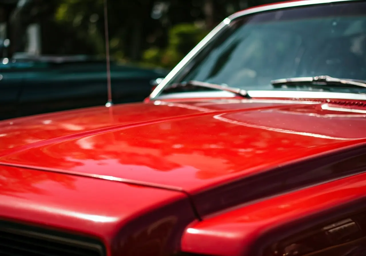 A close-up of a shiny, waxed car hood reflecting sunlight. 35mm stock photo