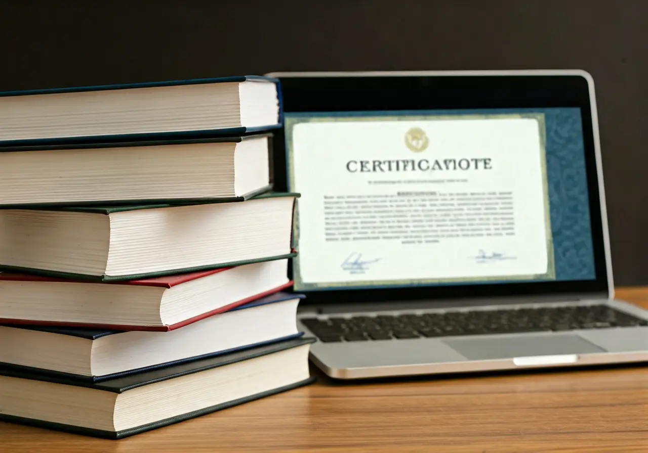 A stack of law books beside a laptop displaying certificates. 35mm stock photo