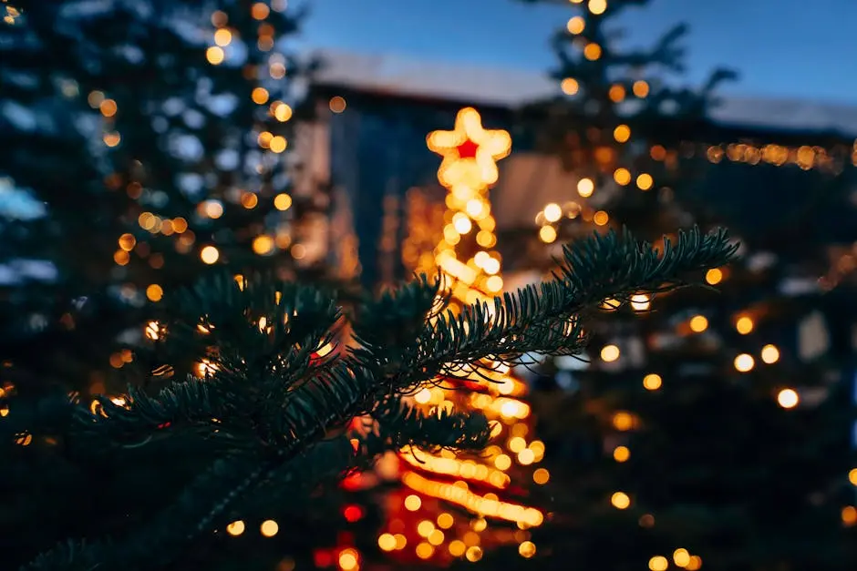 Close-up of a decorated Christmas tree with glowing lights in Vancouver, capturing a festive winter evening.