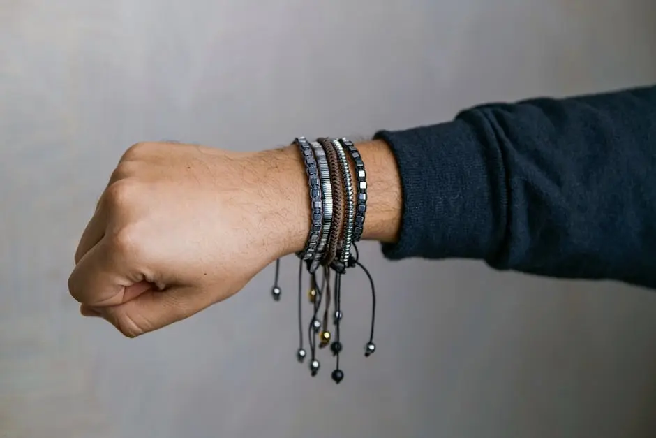Stylish collection of men’s bracelets elegantly displayed on a wrist, showcasing modern fashion accessories.