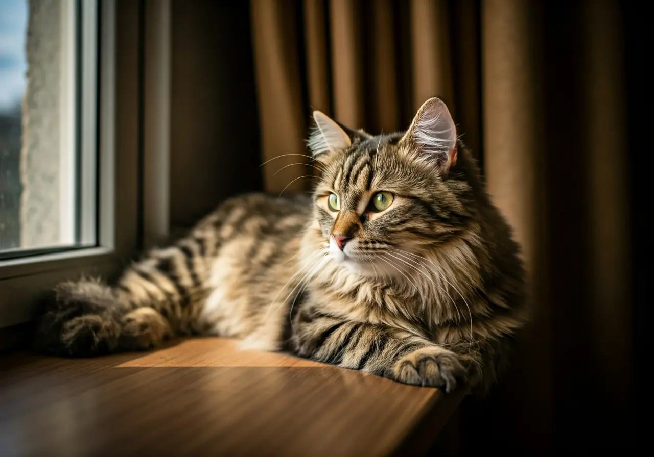 A fluffy cat lounging on a cozy, sunlit windowsill. 35mm stock photo