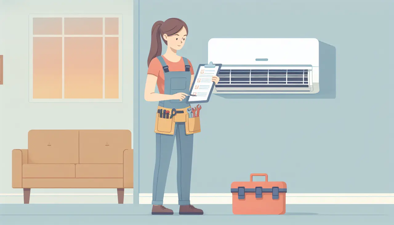 Draw a graphic in flat design style. A flat design image of a technician examining an air conditioner with a checklist and toolbelt in a simple, uncluttered background.
