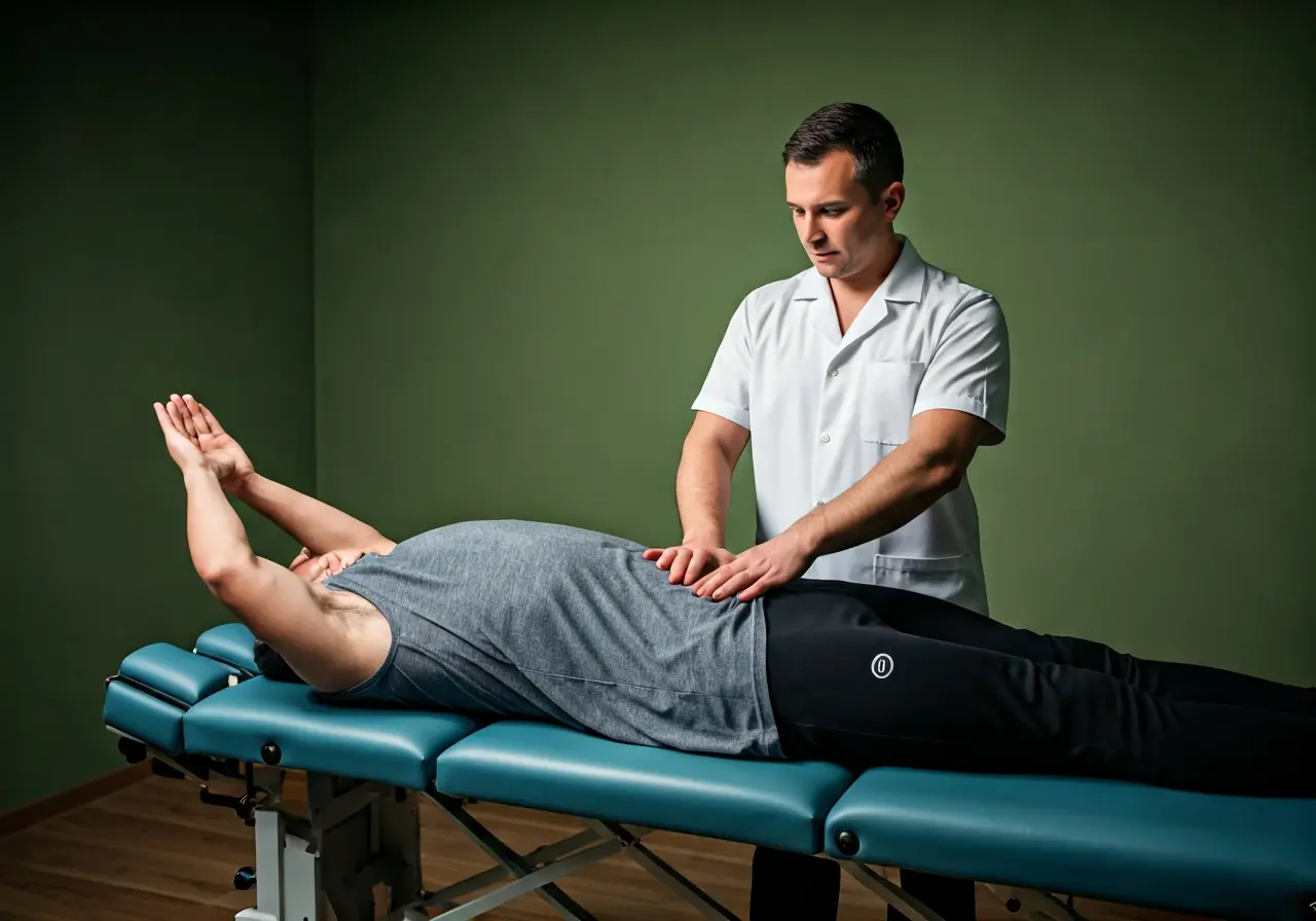 A chiropractor adjusting an athlete&rsquo;s spine on a treatment table. 35mm stock photo