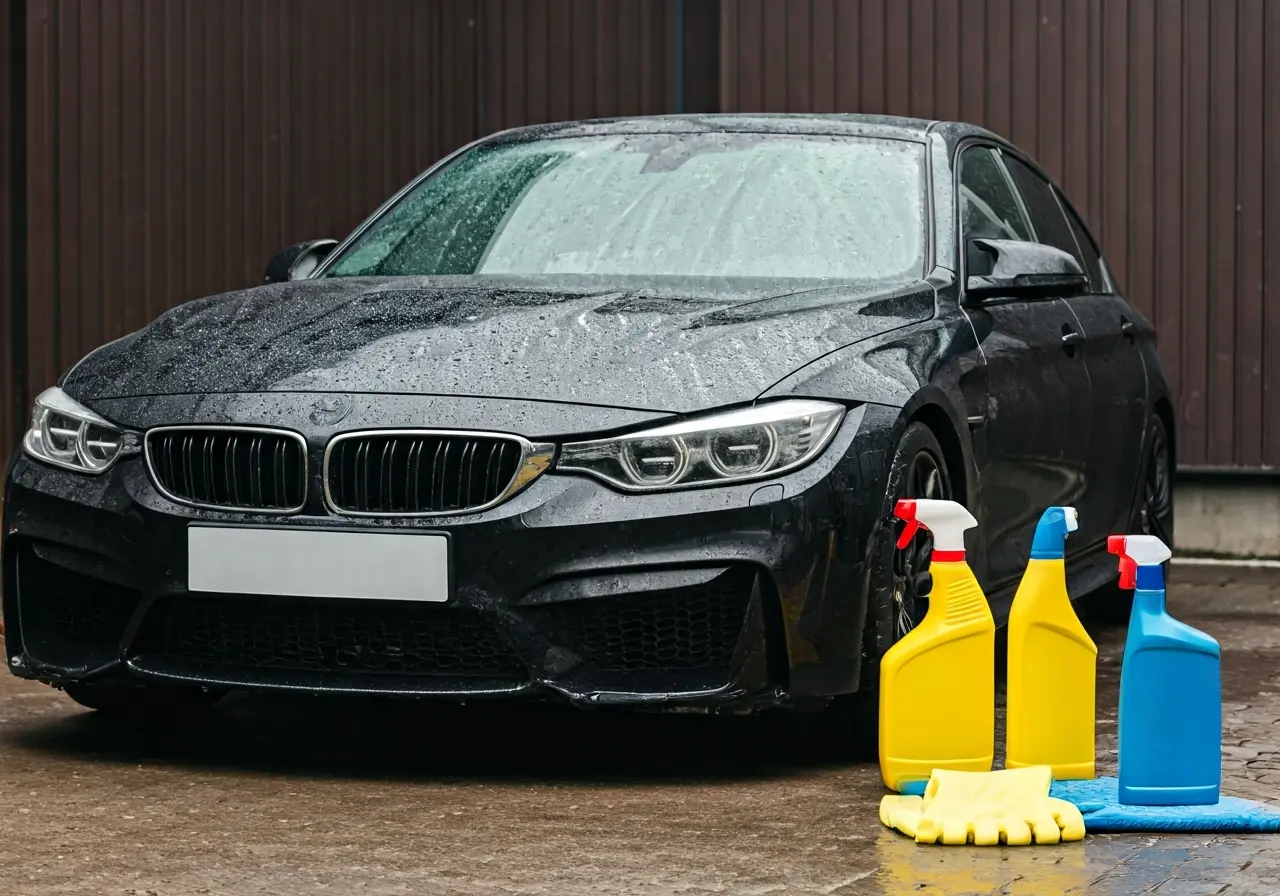 A car covered in water spots next to cleaning supplies. 35mm stock photo