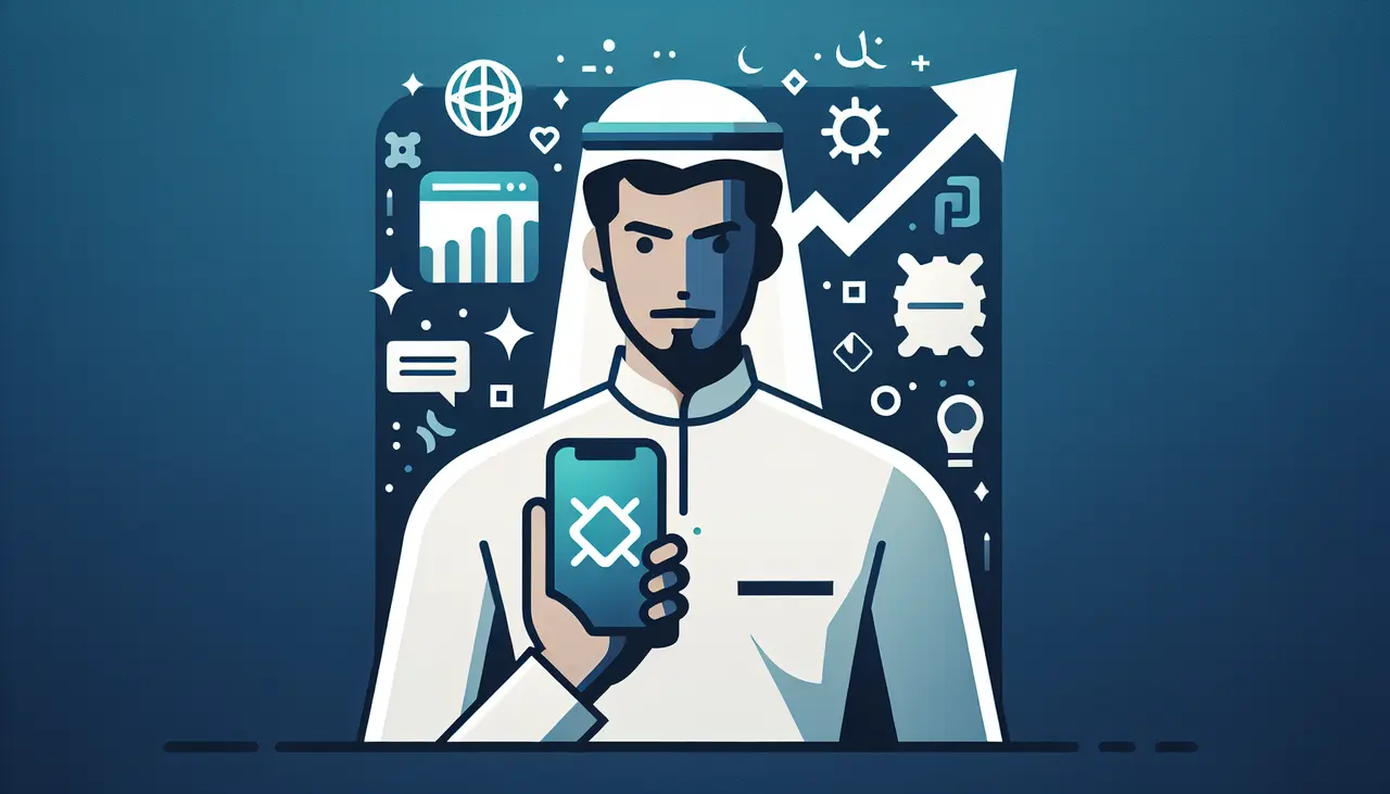 Draw a graphic in flat design style. An image of a confident app developer holding a smartphone with a glowing app icon, surrounded by minimalist icons representing growth and innovation, with a sleek and simple design.