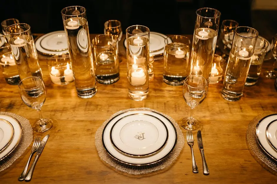 Sophisticated candlelit table setting with fine china, ideal for formal dining or special occasions.