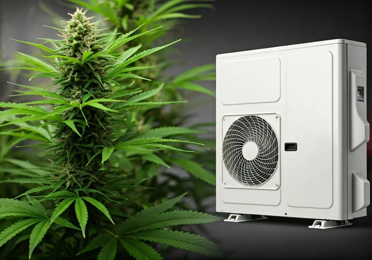 A modern HVAC system with cannabis plants in the background. 35mm stock photo