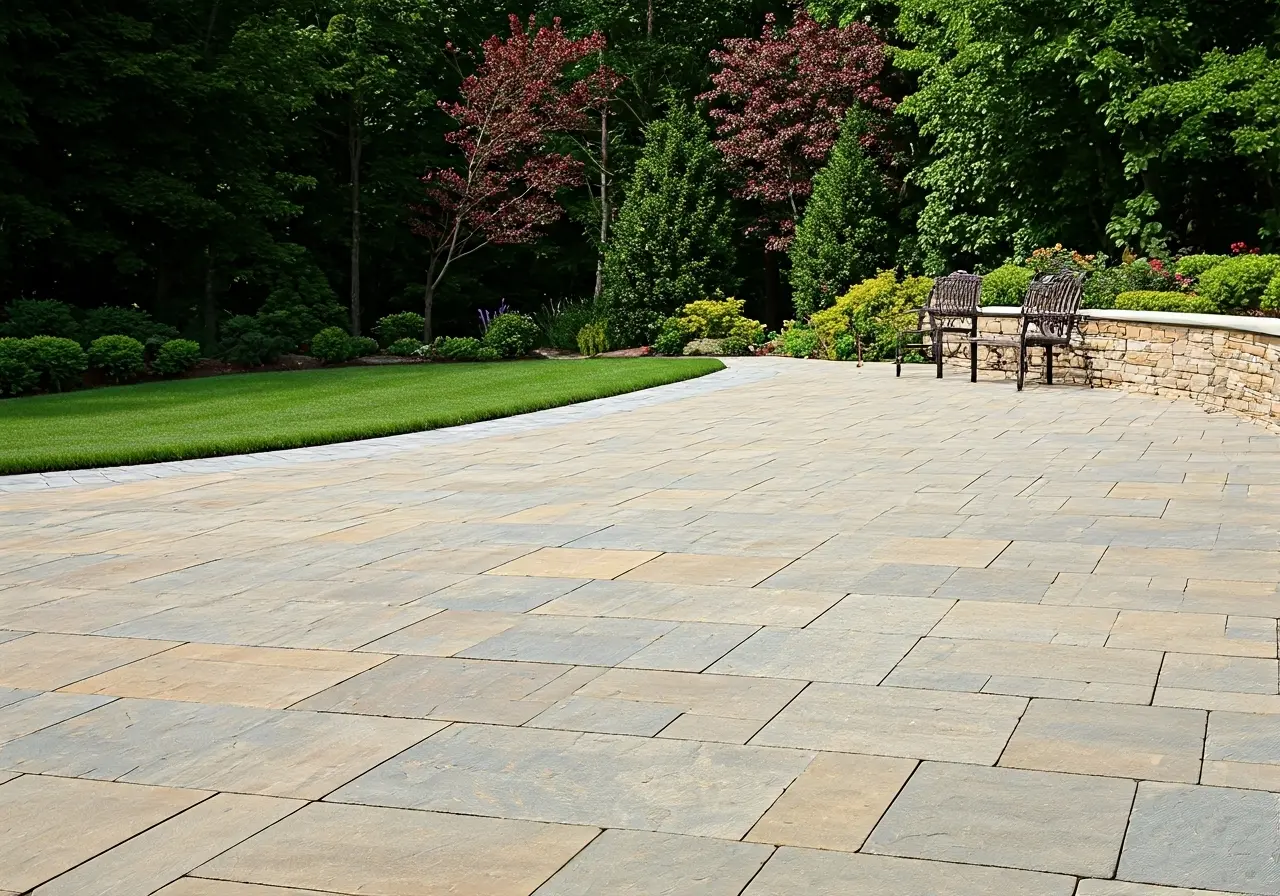 A beautifully crafted stone patio with intricate masonry design. 35mm stock photo