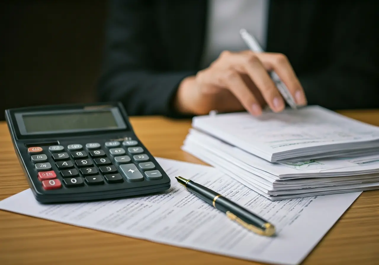 A calculator and financial documents on a modern desk. 35mm stock photo