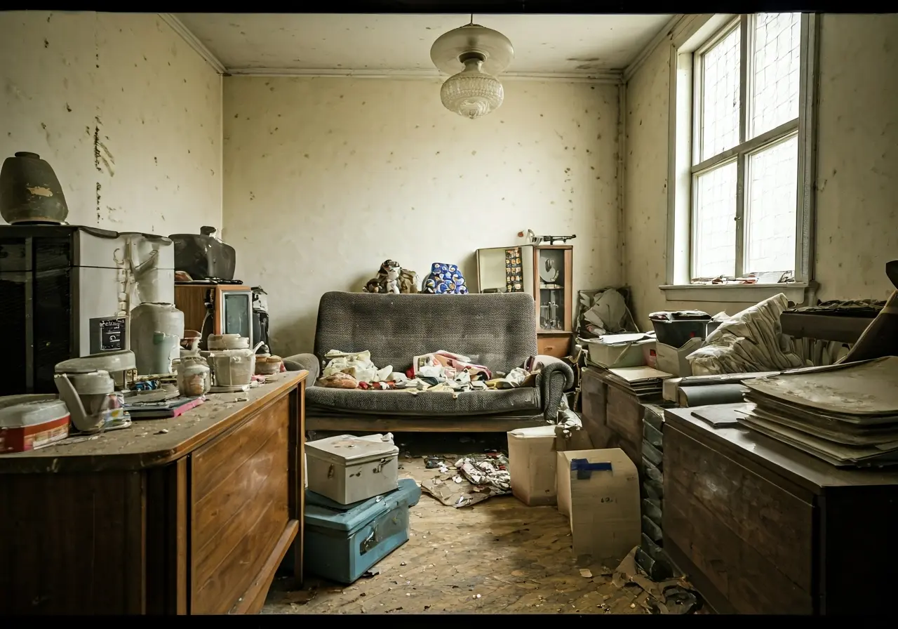 A cluttered, neglected living room filled with various items. 35mm stock photo