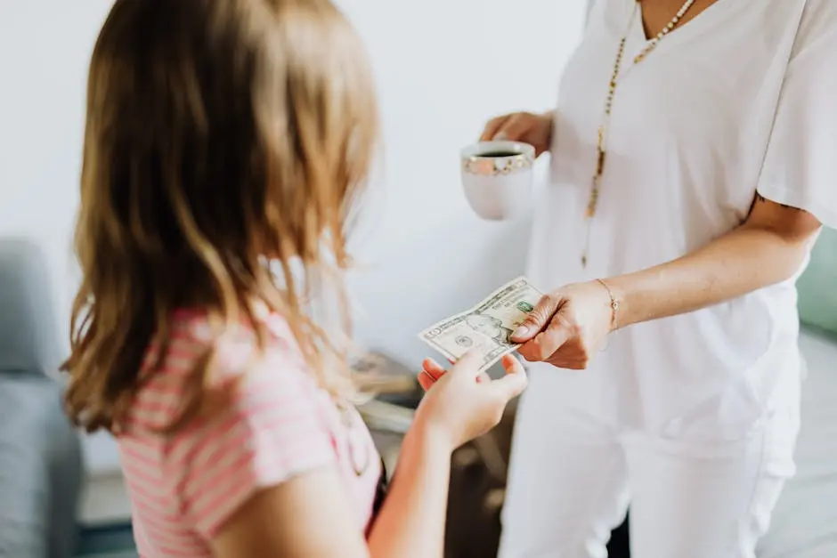 A woman hands a dollar bill to her daughter while holding a coffee cup, indoors.