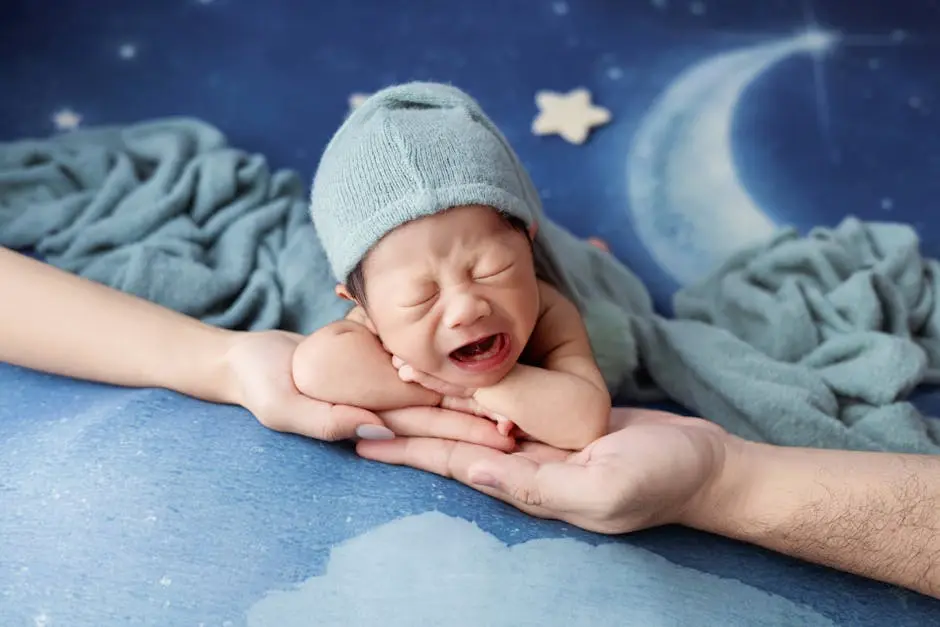 Sweet sleeping newborn in a cozy wrap with a celestial-themed backdrop. Perfect serenity.