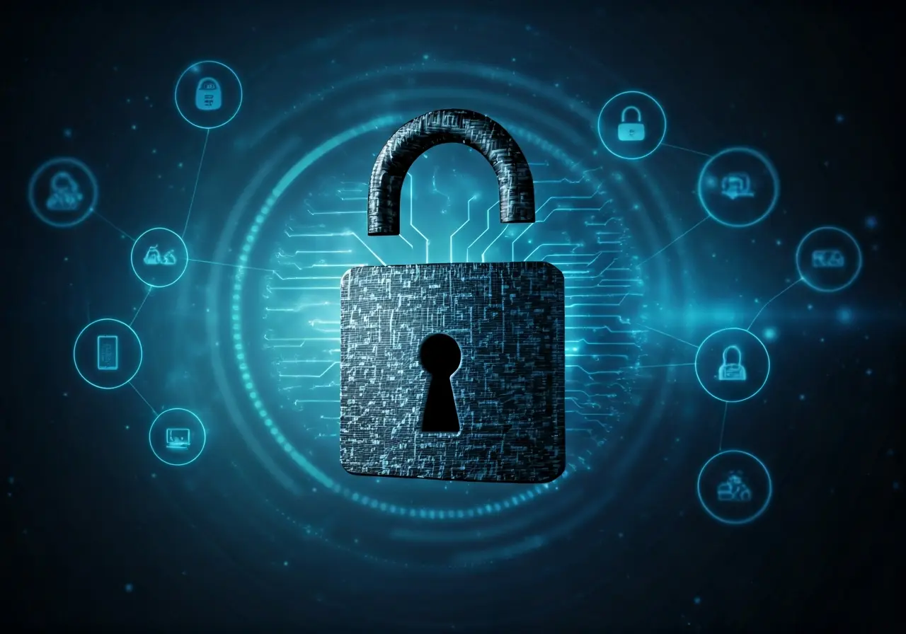 A digital padlock overlaying a network of computer icons. 35mm stock photo