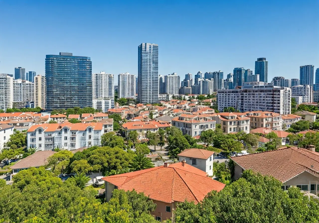 A city skyline view with various short-term rental properties. 35mm stock photo