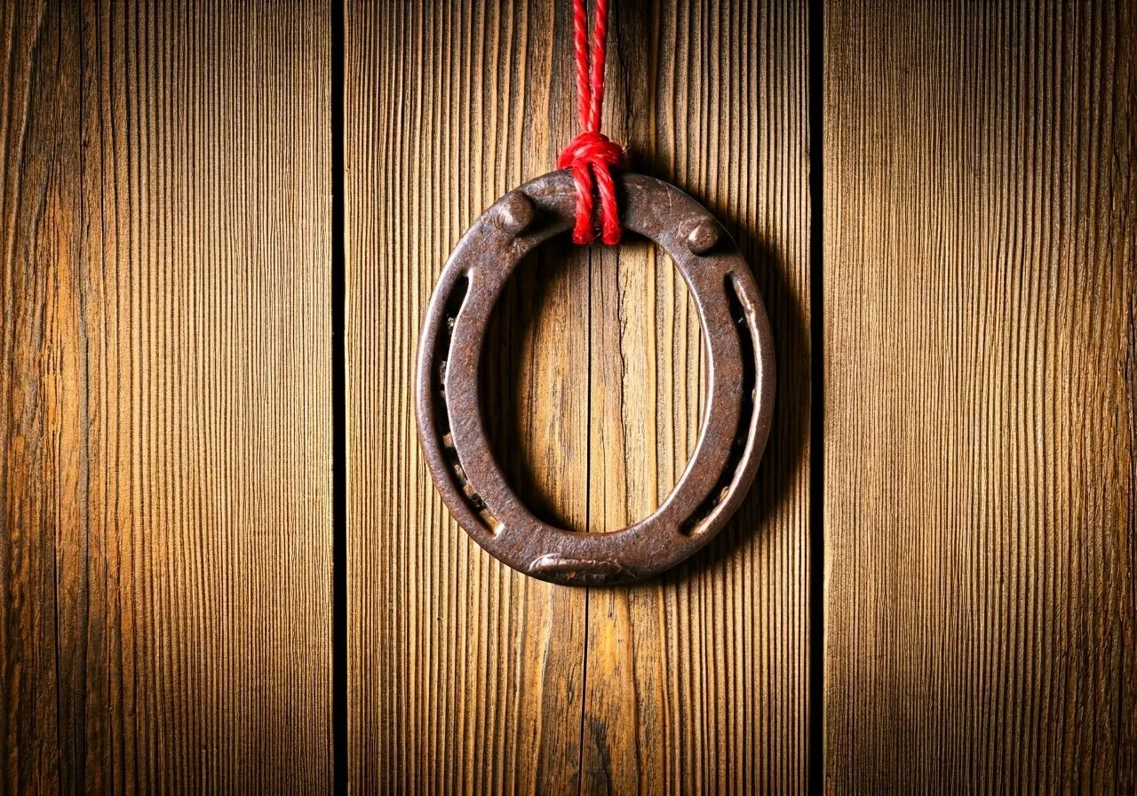 A rustic horseshoe hanging by a red thread on a wooden wall. 35mm stock photo