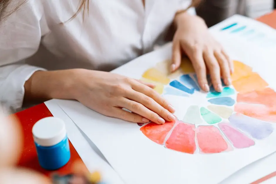Artistic hands arranging a vibrant color wheel on paper, showing creativity and color theory.