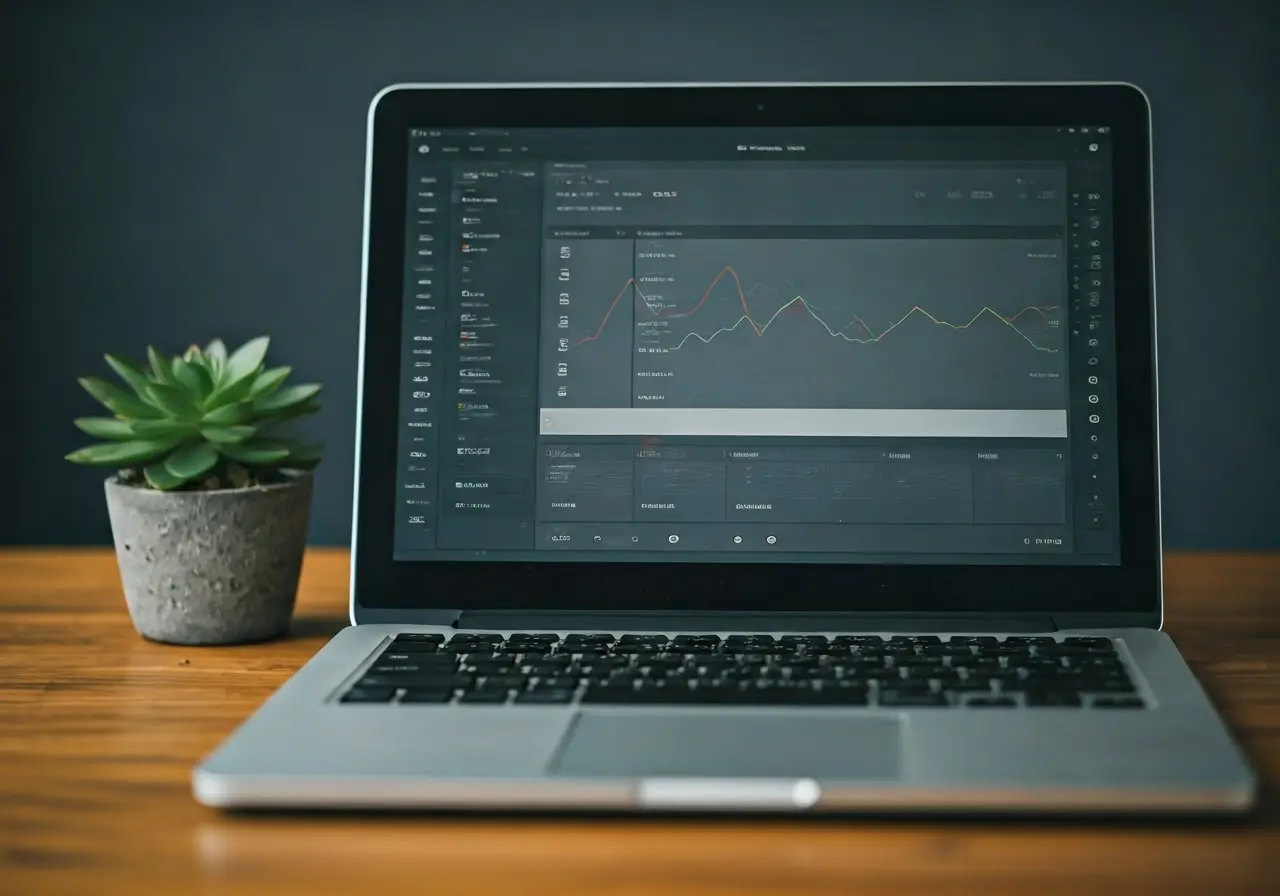 A laptop displaying digital content creation tools on a desk. 35mm stock photo