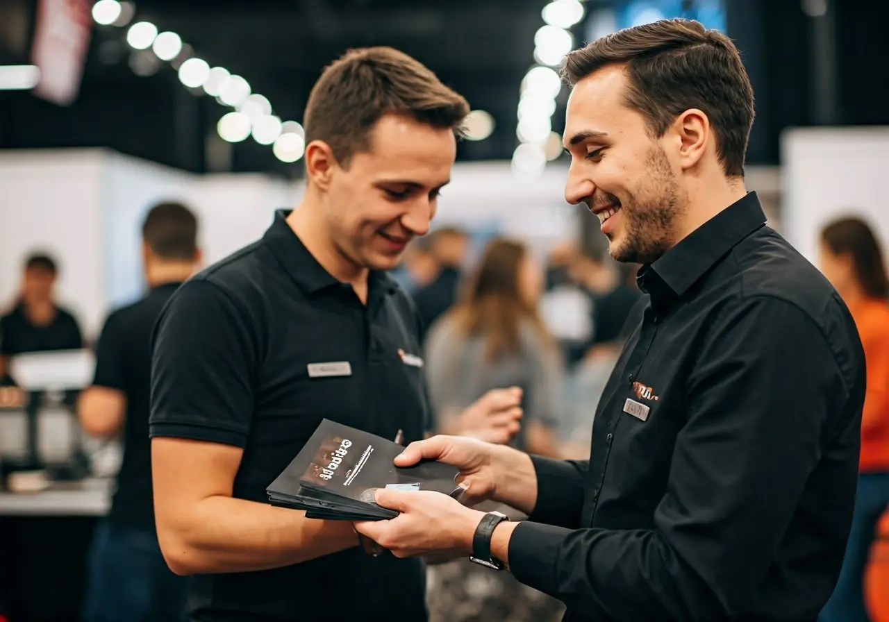 A smiling brand ambassador handing out promotional materials at event. 35mm stock photo