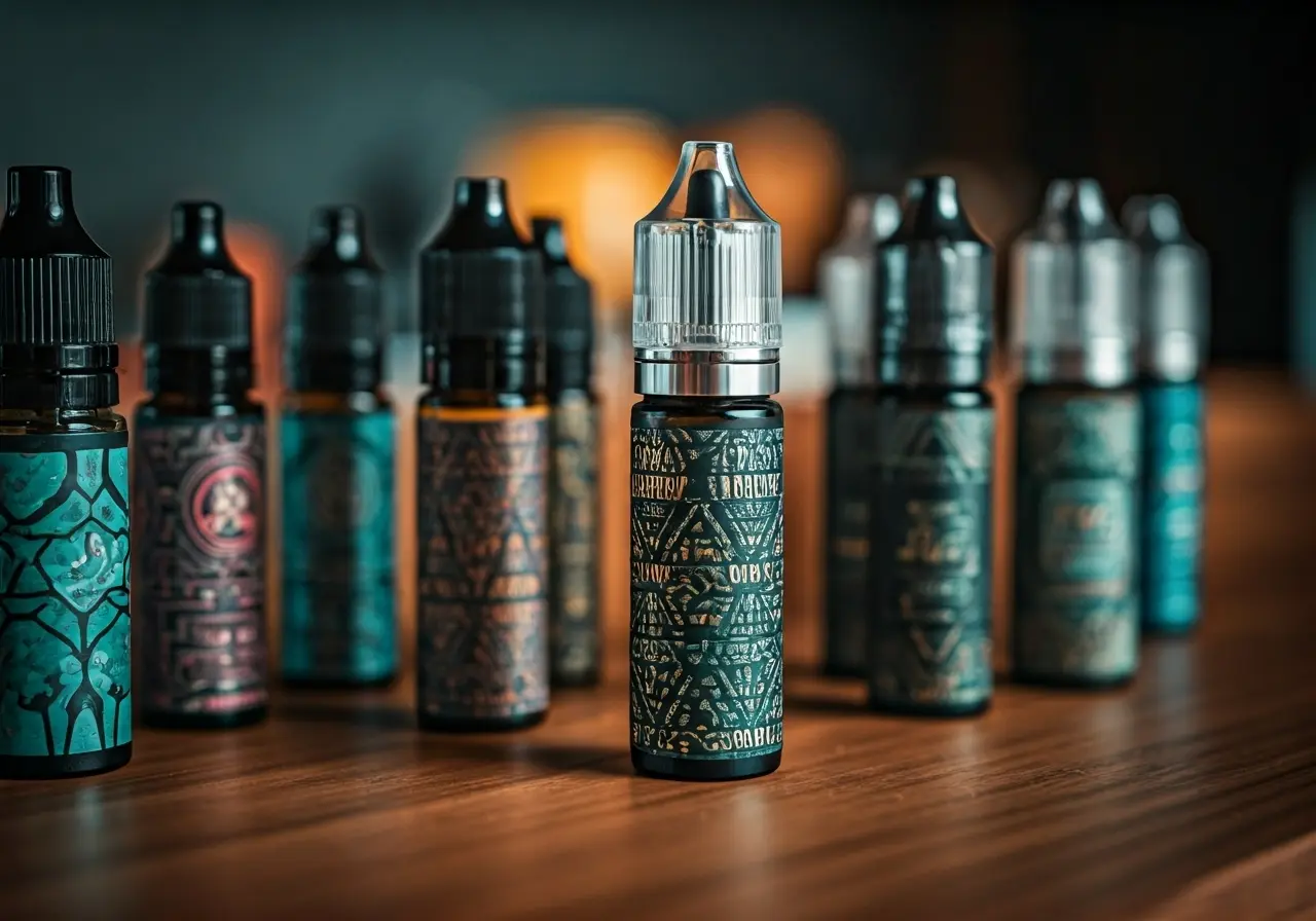 A close-up of colorful CBD and vape products in shop. 35mm stock photo