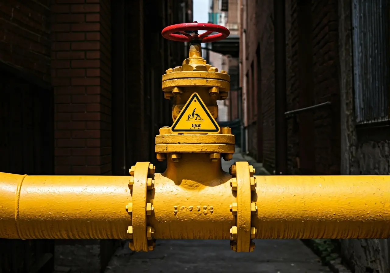 Gas pipeline valve with warning sign in an alley, highlighting gas safety and emergency awareness.